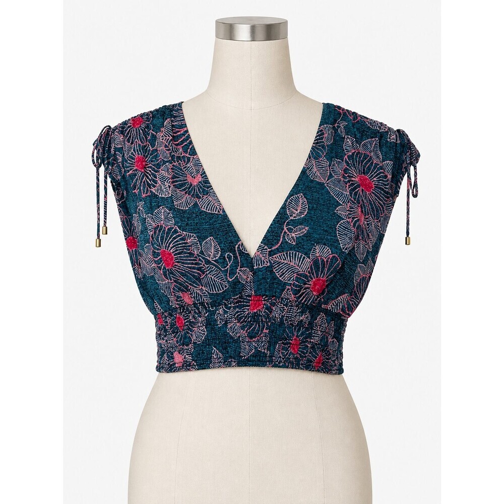 Free People Morning Sun Crop Top Size XS Floral V-Neck Drapey Smocked Bottom